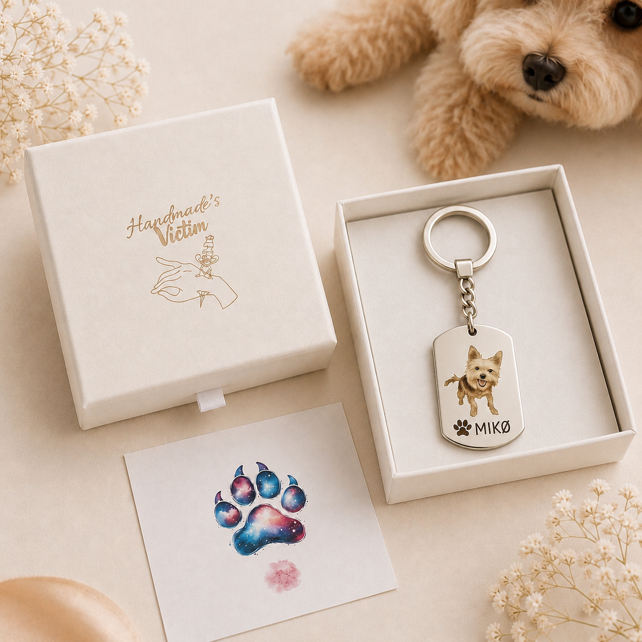 Llavero de acero inoxidable con foto de mascota con huella personalizado con nombre o frase.