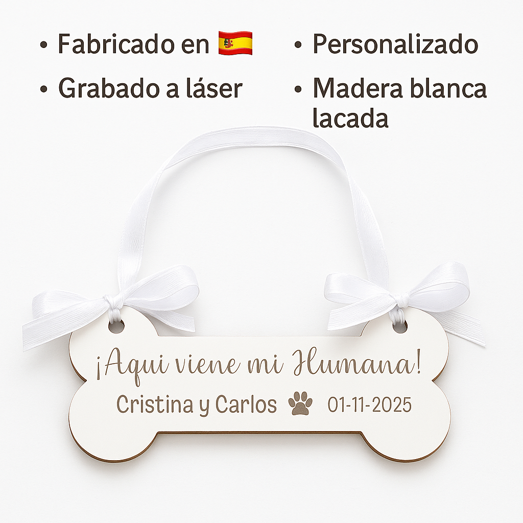 🦴 Cartel de boda “Aquí viene la novia” – Madera personalizada para mascotas