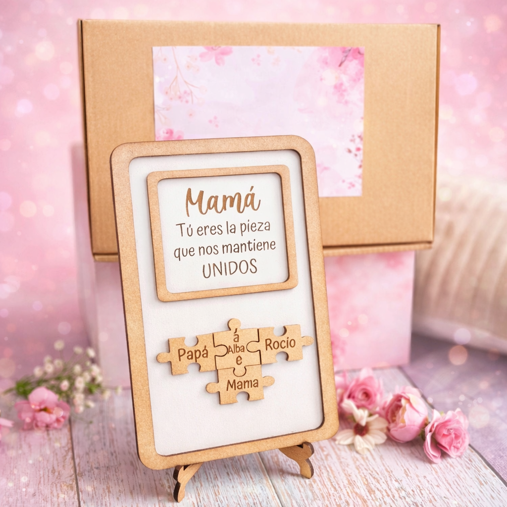 Cuadro decorativo Mamá, Papá, abuela, abuelo, tu eres la pieza que nos une con nombres personalizados en piezas de puzzle.