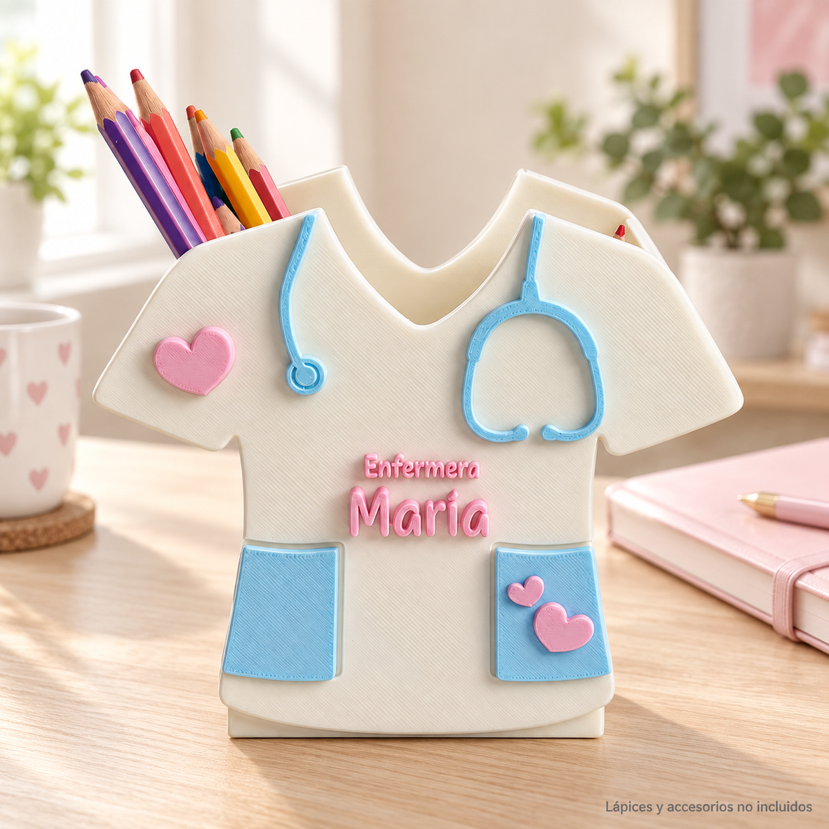 Portalápices personalizado para enfermera con el nombre María, uniforme blanco, fonendoscopio azul y corazones rosas.