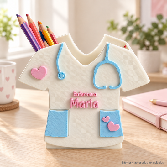 Portalápices personalizado para enfermera con el nombre María, uniforme blanco, fonendoscopio azul y corazones rosas.
