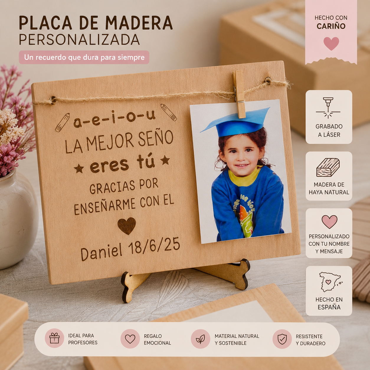 Placa de Madera Personalizada “La Mejor Seño eres Tú” – Regalo para Profesores con Foto y Soporte (15x21 cm)