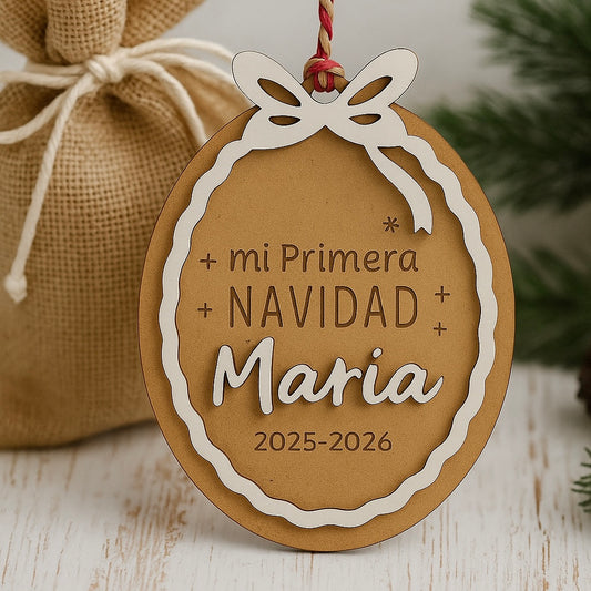 Adorno personalizado “Mi Primera Navidad” con nombre + bolsa de rafia