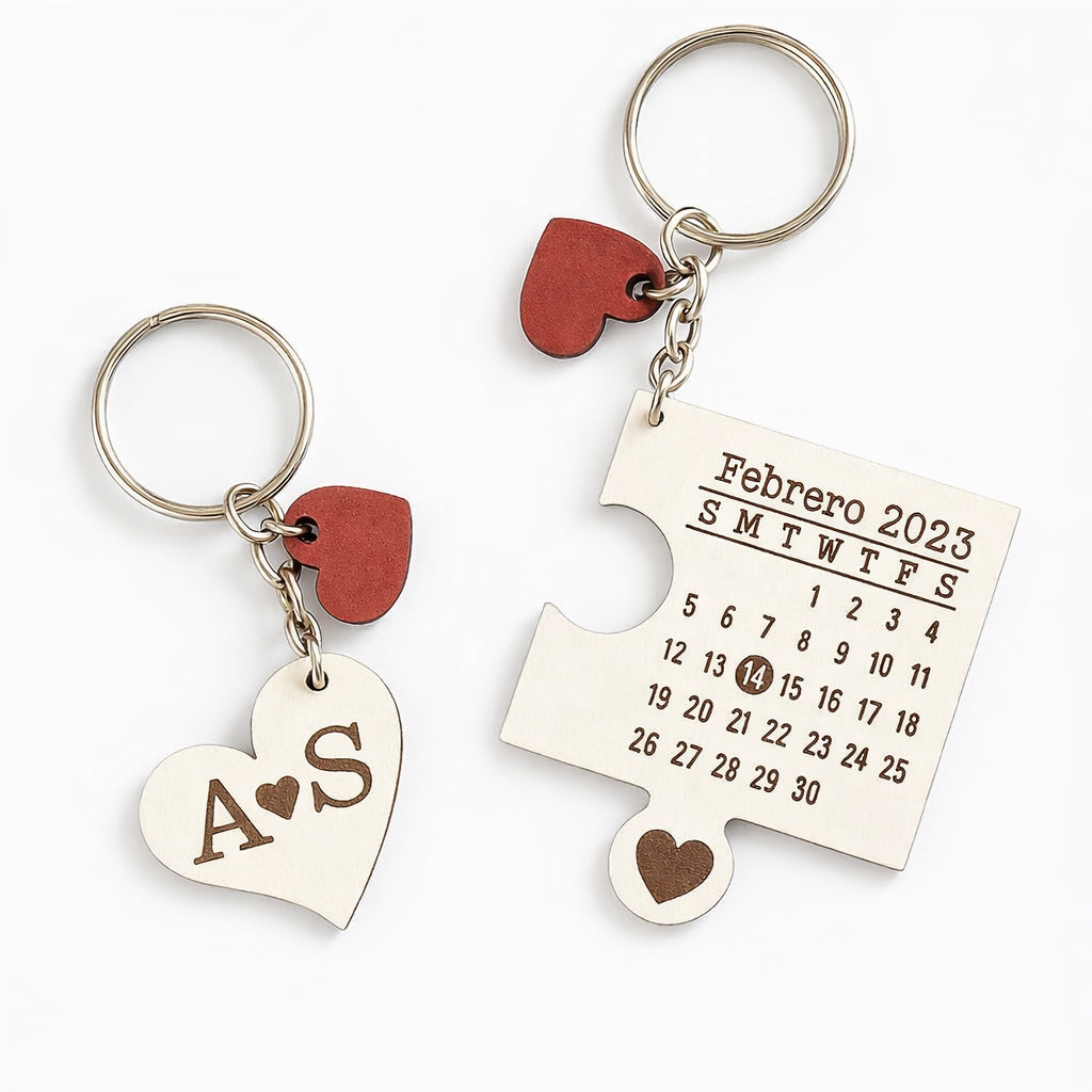 Llavero doble personalizado “Mi Amor” con calendario y corazón encajable