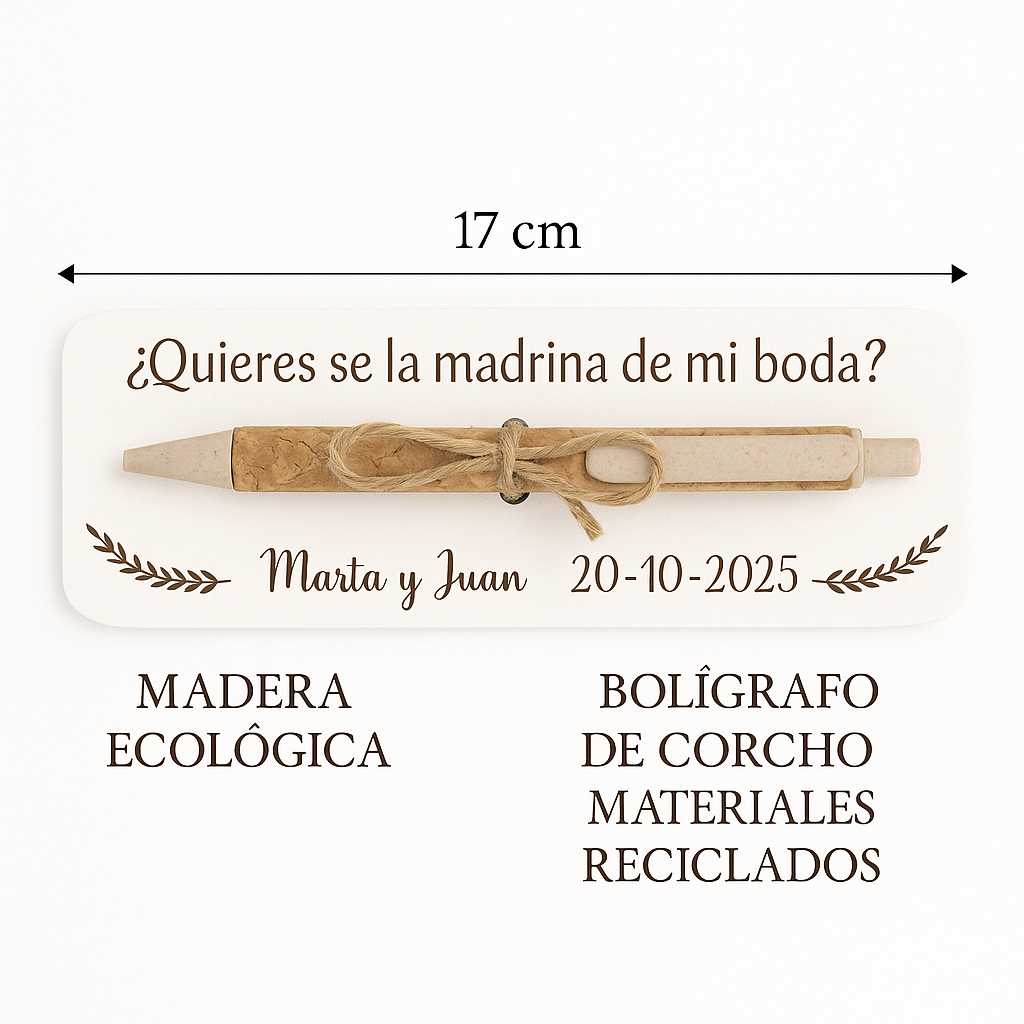 Bolígrafo ecológico con tarjeta de madera personalizable – Detalle emotivo y sostenible para tu boda