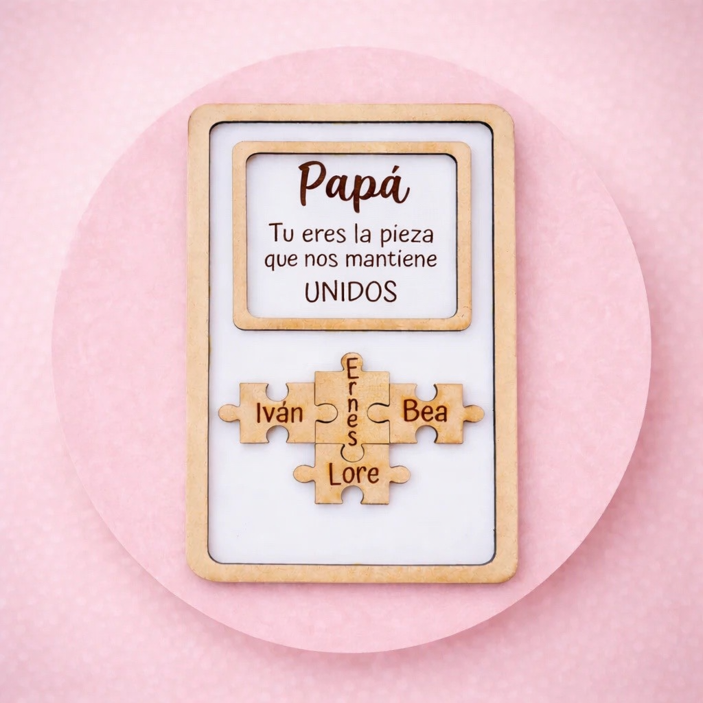 Cuadro decorativo Mamá, Papá, abuela, abuelo, tu eres la pieza que nos une con nombres personalizados en piezas de puzzle.