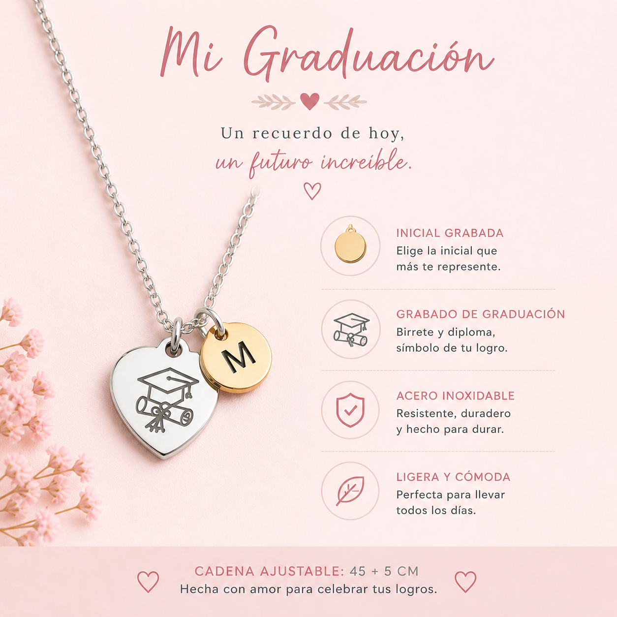 Gargantilla Corazón Graduación Personalizada con Inicial – Acero Inoxidable