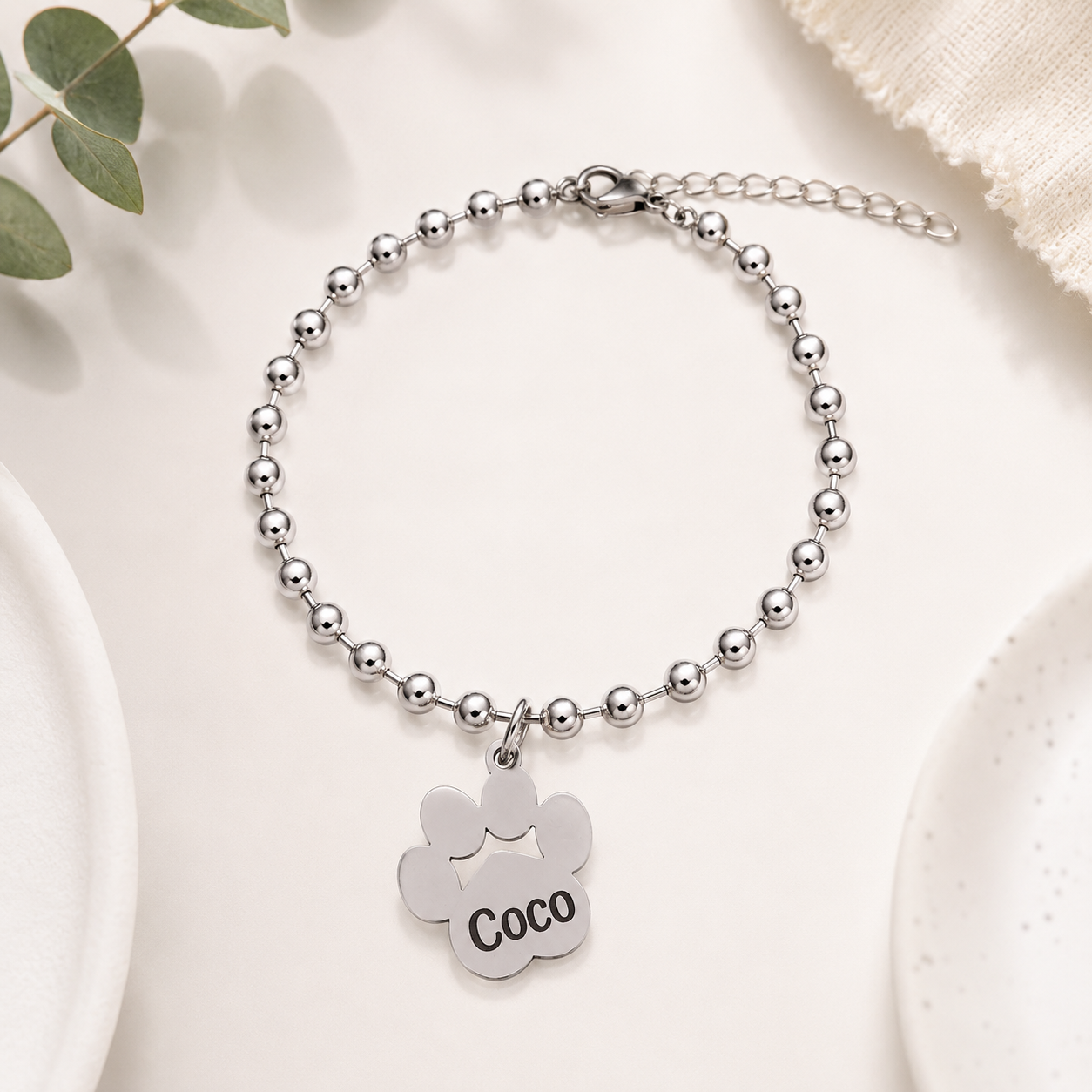 PULSERA DE ACERO INOXIDABLE CON HUELLA DE MASCOTA PERSONALIZADA DE BOLAS DE ACERO