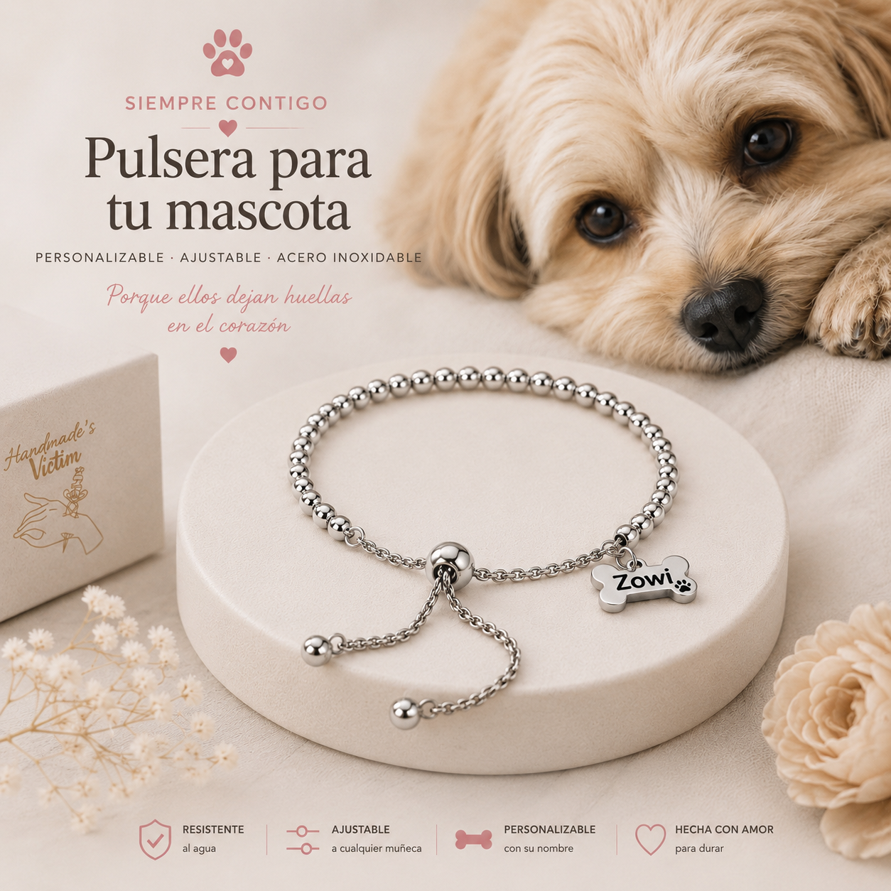 Pulsera personalizada Huella para mascotas | Acero inoxidable grabado con nombre