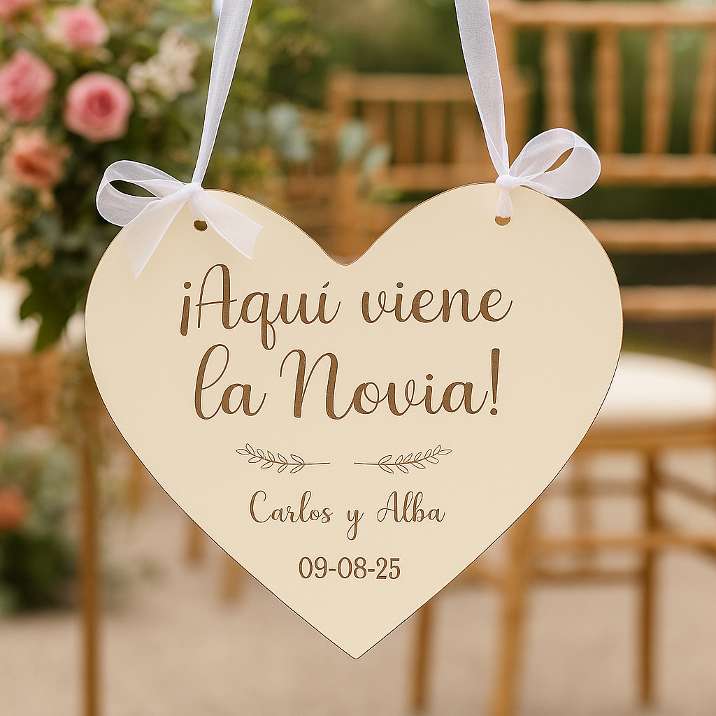 Cartel de boda en forma de corazón “¡Aquí viene la novia!”