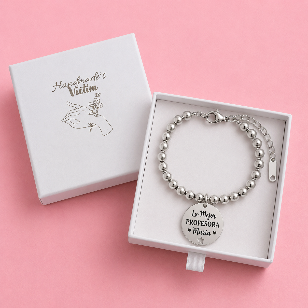 Pulsera personalizada “La mejor profesora” con nombre grabado y tarjeta para dedicatoria – Regalo fin de curso