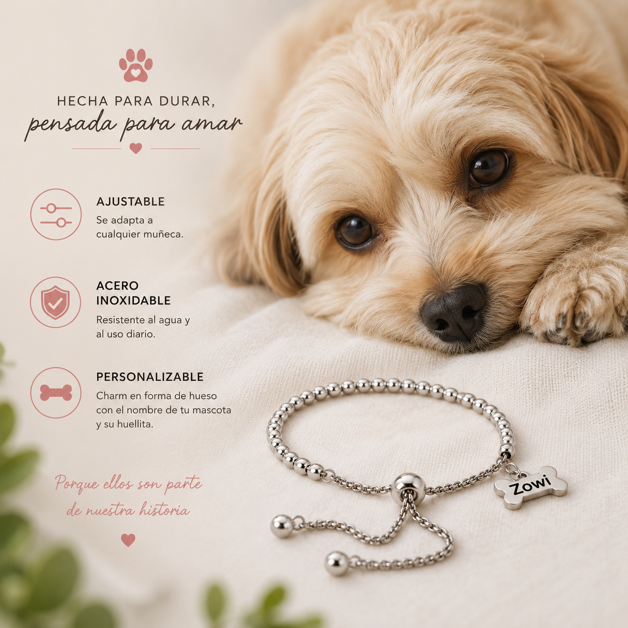 Pulsera personalizada Huella para mascotas | Acero inoxidable grabado con nombre