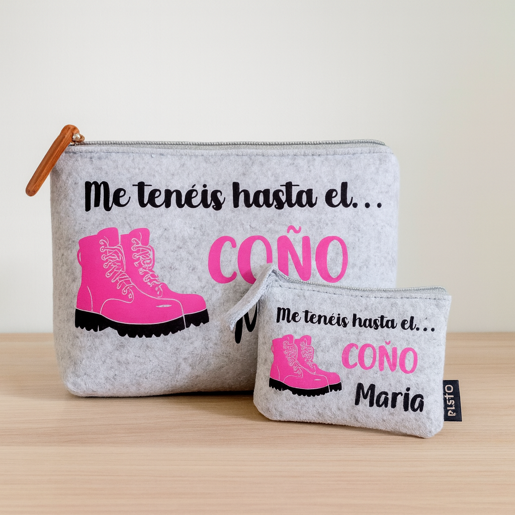 PACK NECESER Y MONEDERO DE FIELTRO RECICLADO CON FRASE "ME TENÉIS HASTA EL COÑO"