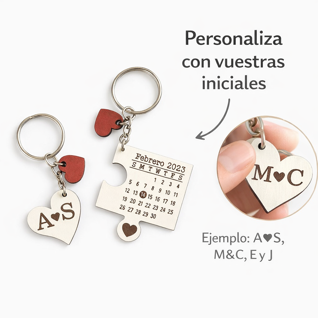 Llavero doble personalizado “Mi Amor” con calendario y corazón encajable