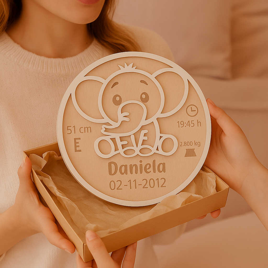 Cuadro de nacimiento personalizado con elefante