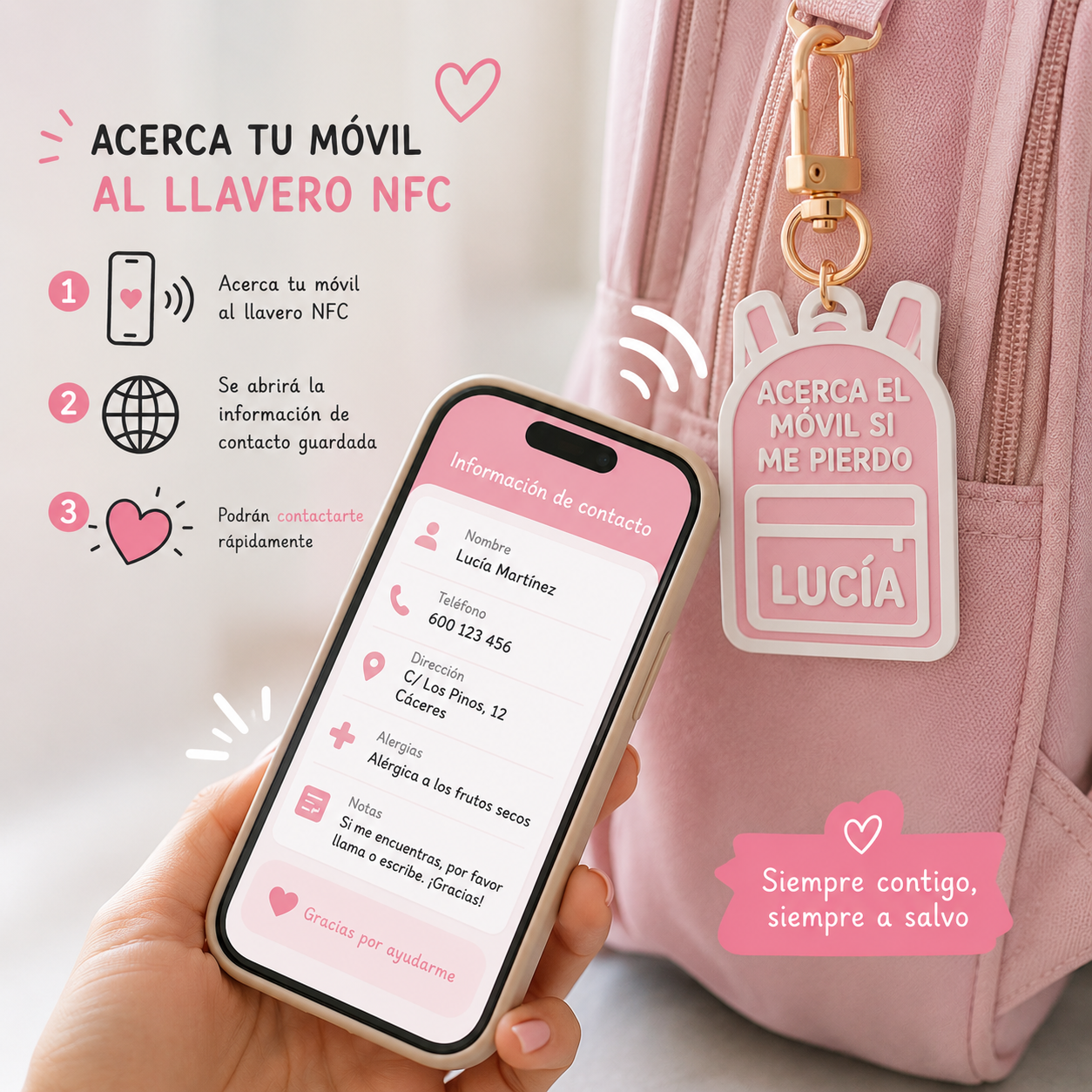 Llavero NFC Infantil Personalizado para Mochila – Contacto de Emergencia