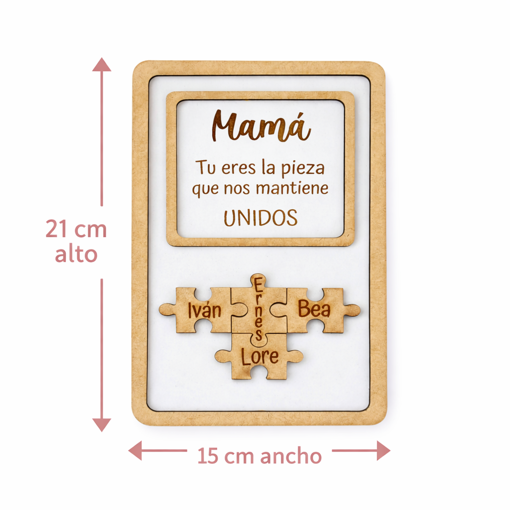 Cuadro decorativo Mamá, Papá, abuela, abuelo, tu eres la pieza que nos une con nombres personalizados en piezas de puzzle.