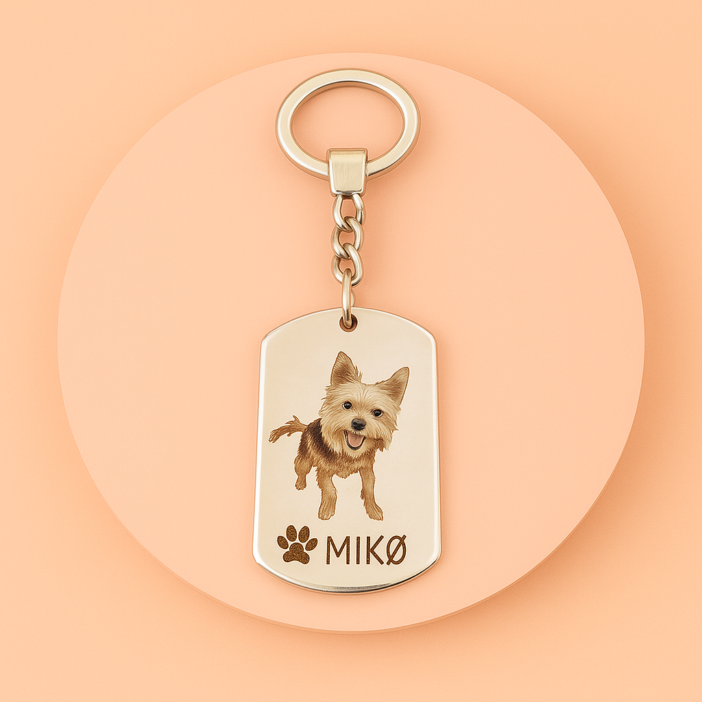 Llavero de acero inoxidable con foto de mascota con huella personalizado con nombre o frase.