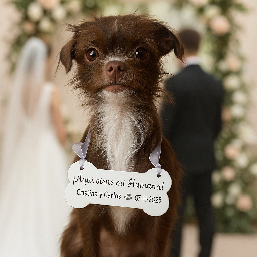 🦴 Cartel de boda “Aquí viene la novia” – Madera personalizada para mascotas