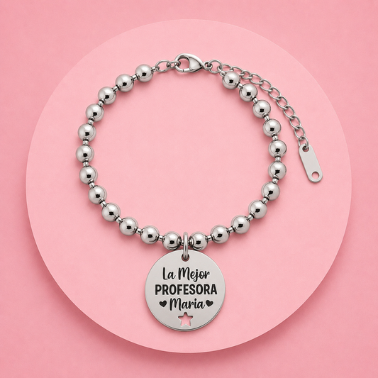 Pulsera personalizada “La mejor profesora” con nombre grabado y tarjeta para dedicatoria – Regalo fin de curso
