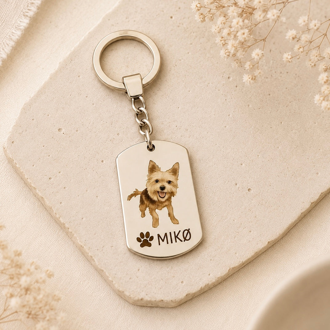 Llavero de acero inoxidable con foto de mascota con huella personalizado con nombre o frase.