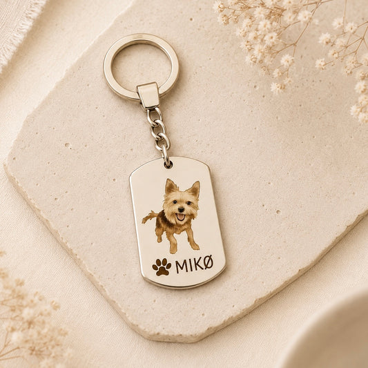 Llavero de acero inoxidable con foto de mascota con huella personalizado con nombre o frase.