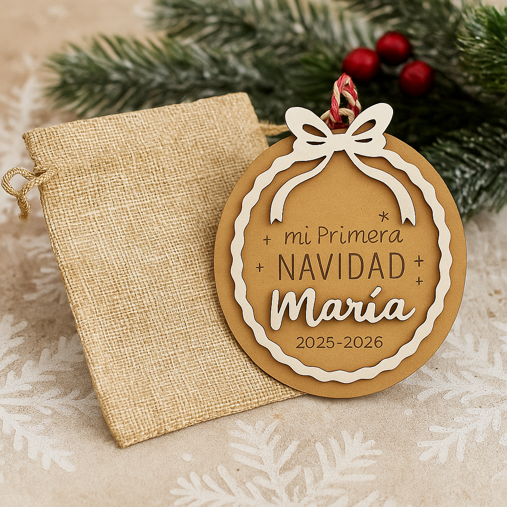 Adorno personalizado “Mi Primera Navidad” con nombre + bolsa de rafia