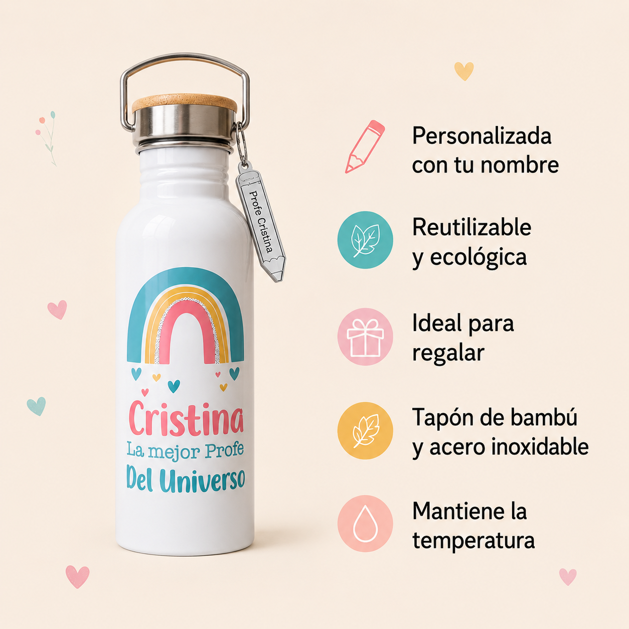 Botella térmica personalizada para profesora con nombre | Regalo fin de curso
