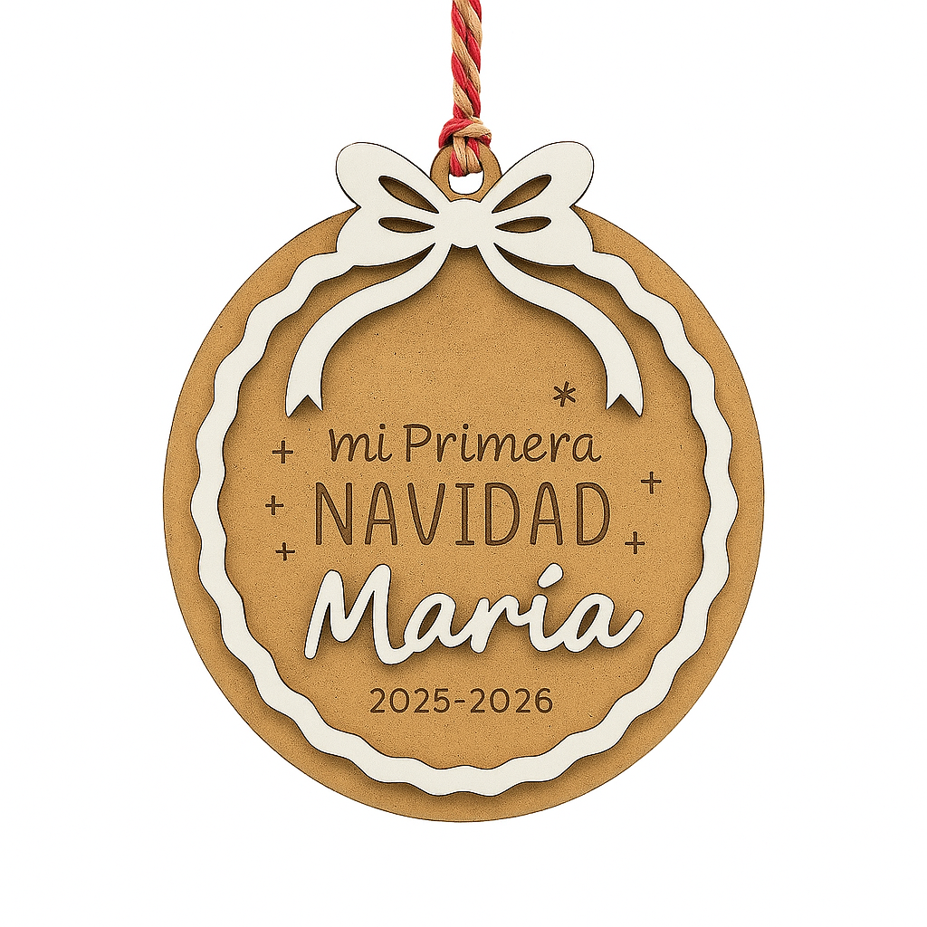 Adorno personalizado “Mi Primera Navidad” con nombre + bolsa de rafia