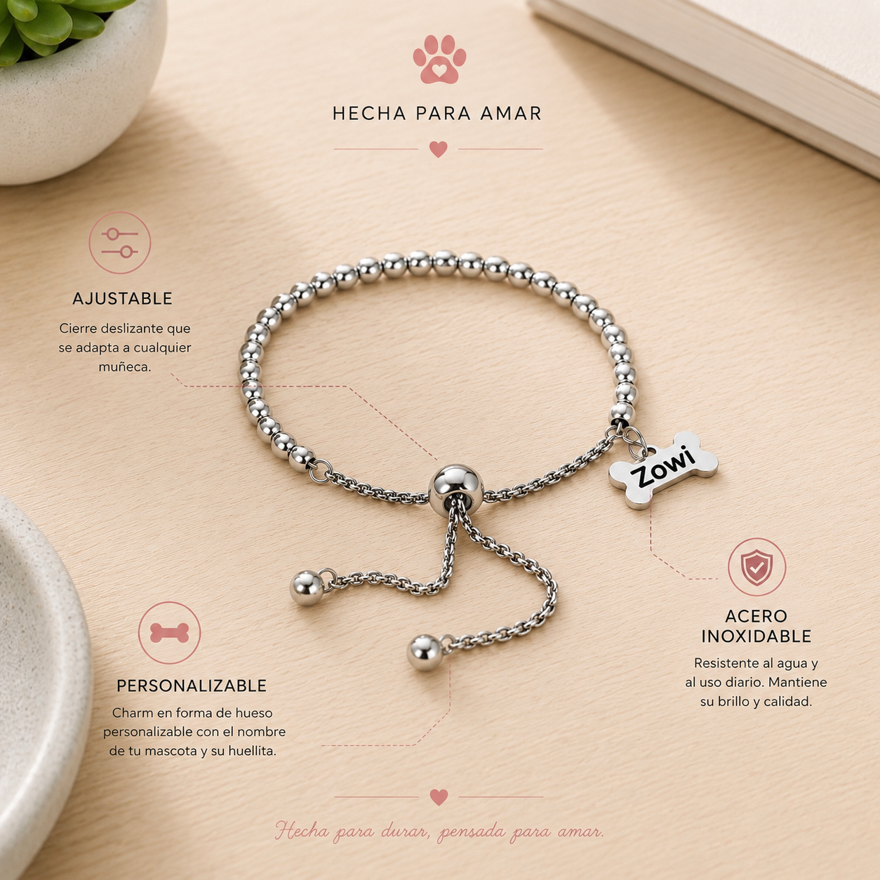 Pulsera personalizada Huella para mascotas | Acero inoxidable grabado con nombre