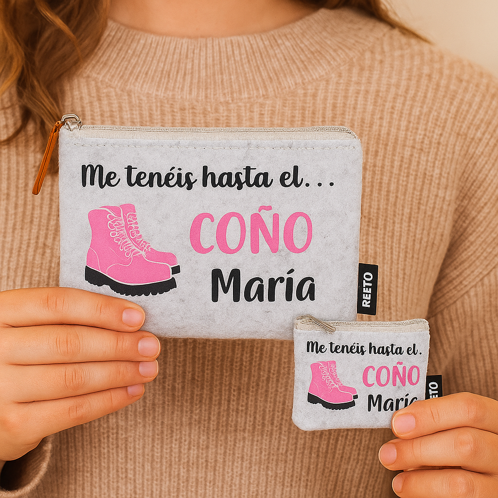 PACK NECESER Y MONEDERO DE FIELTRO RECICLADO CON FRASE "ME TENÉIS HASTA EL COÑO"