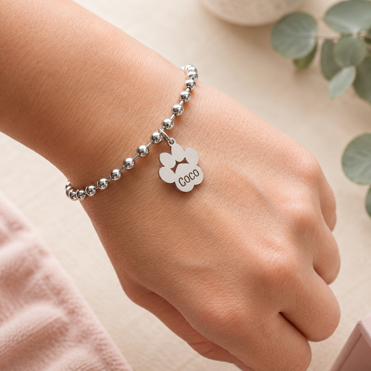 PULSERA DE ACERO INOXIDABLE CON HUELLA DE MASCOTA PERSONALIZADA DE BOLAS DE ACERO