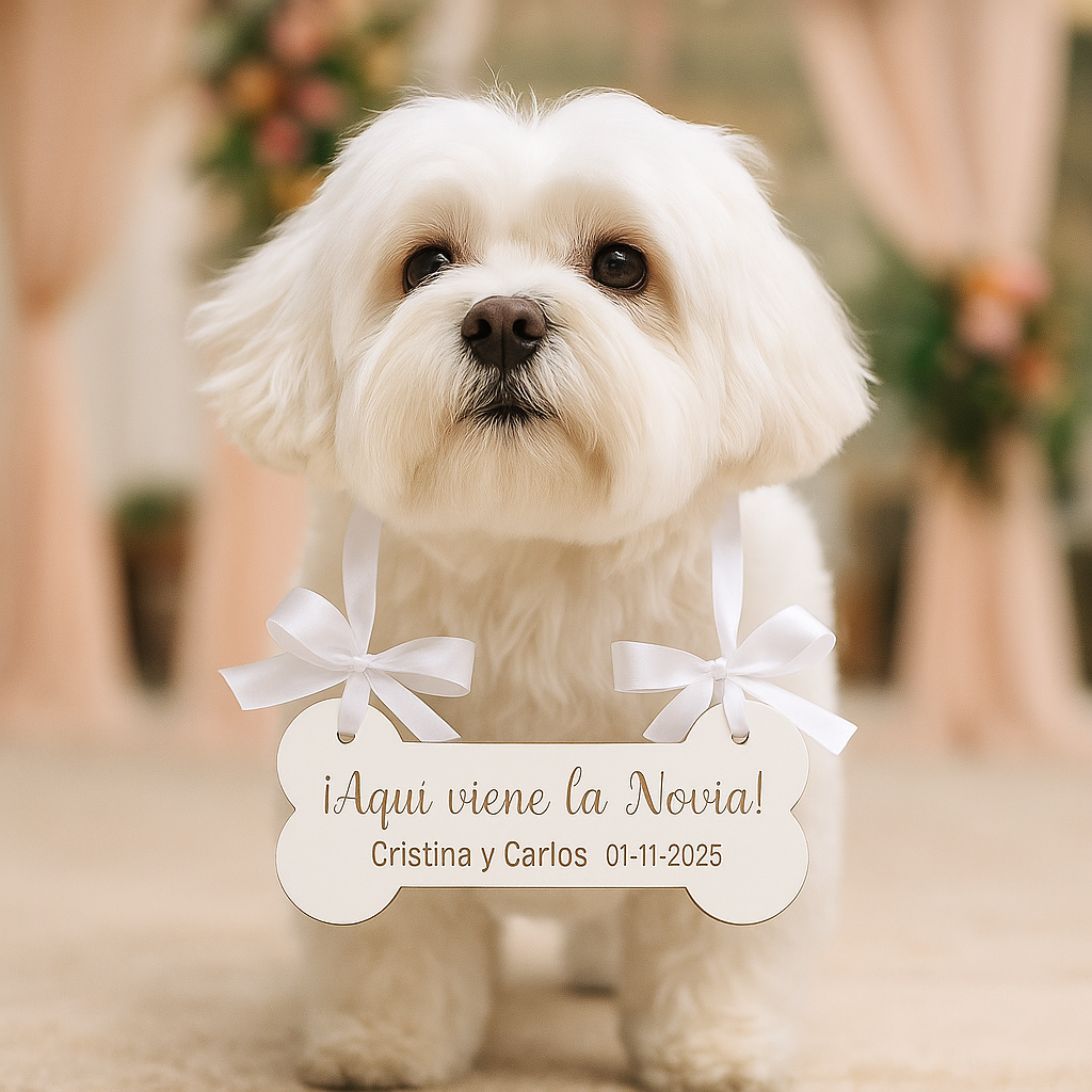 🦴 Cartel de boda “Aquí viene la novia” – Madera personalizada para mascotas