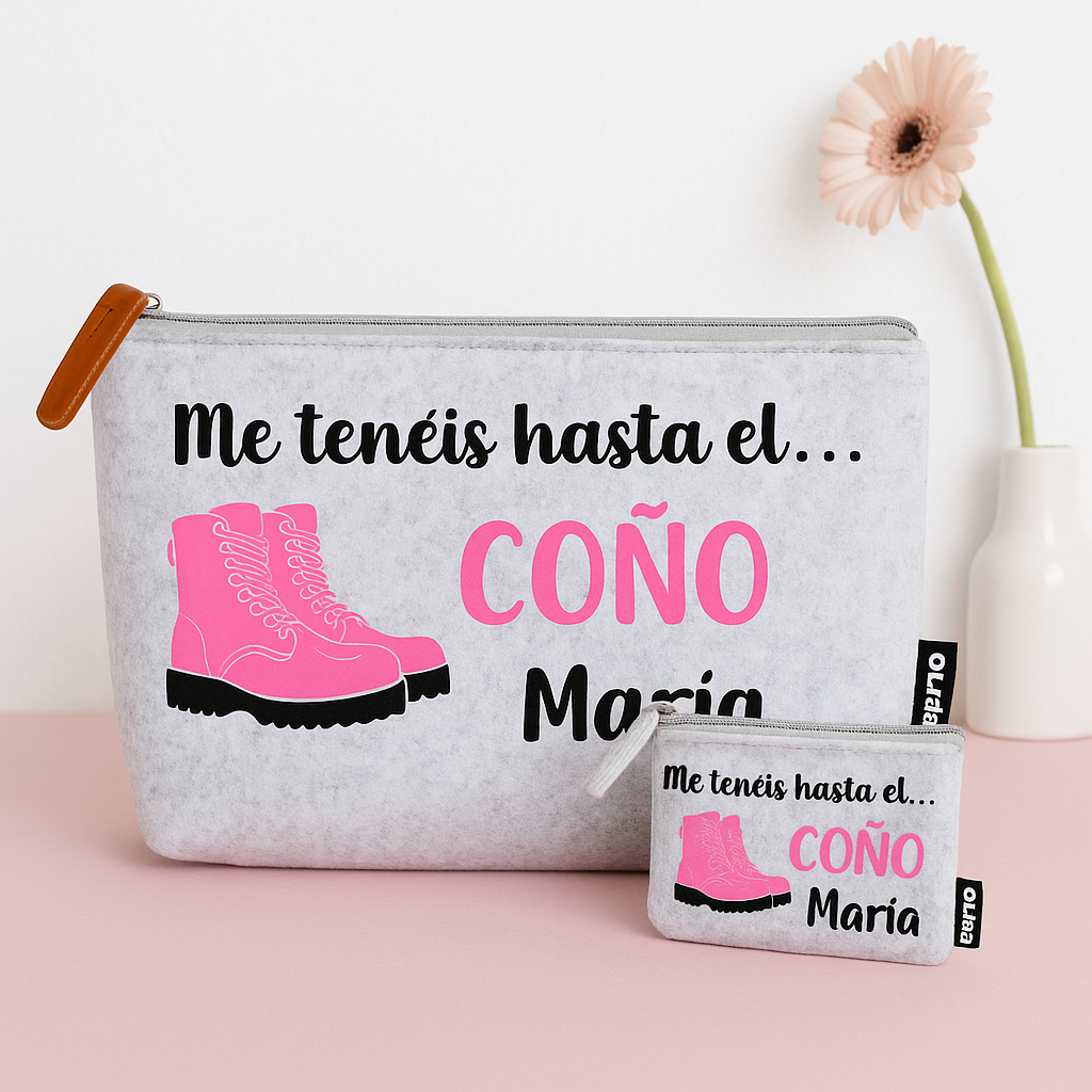 PACK NECESER Y MONEDERO DE FIELTRO RECICLADO CON FRASE "ME TENÉIS HASTA EL COÑO"