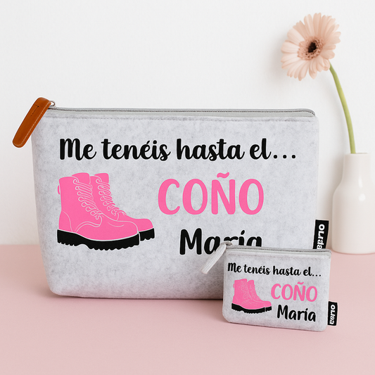 PACK NECESER Y MONEDERO DE FIELTRO RECICLADO CON FRASE "ME TENÉIS HASTA EL COÑO"