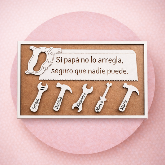Cuadro personalizado para papá con herramientas y nombres | Regalo original Día del Padre en madera