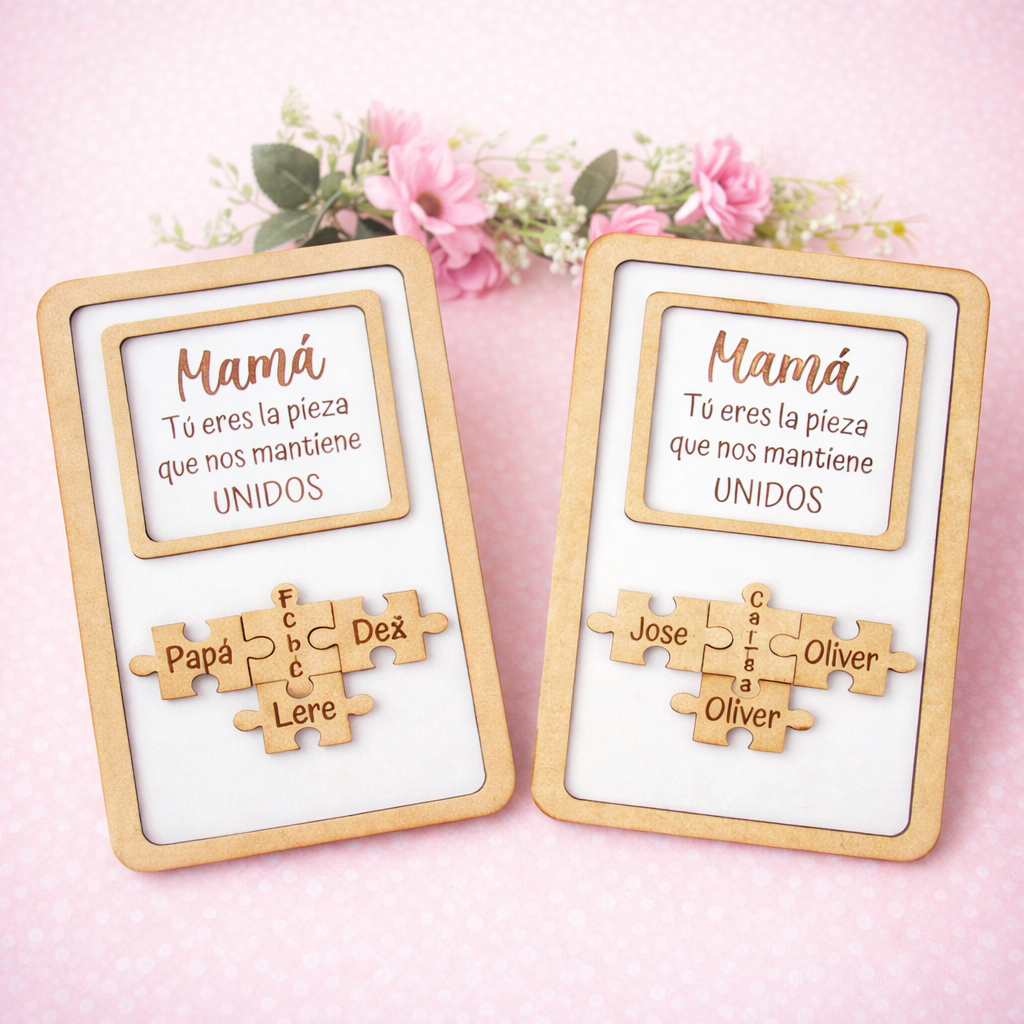 Cuadro decorativo Mamá, Papá, abuela, abuelo, tu eres la pieza que nos une con nombres personalizados en piezas de puzzle.