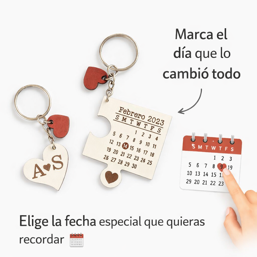 Llavero doble personalizado “Mi Amor” con calendario y corazón encajable