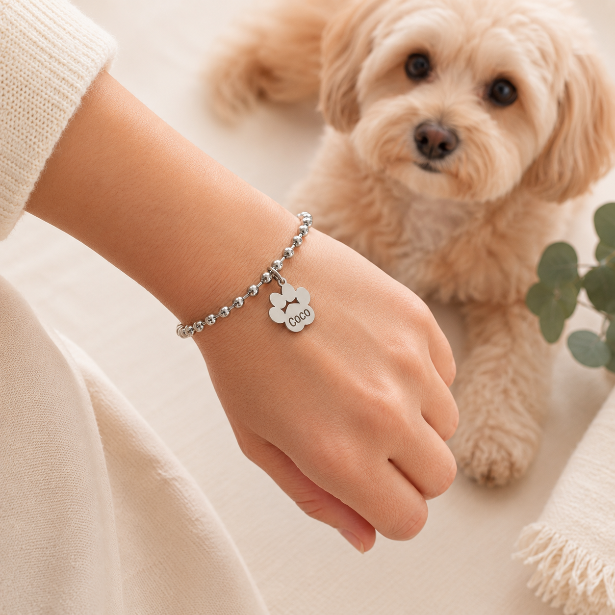 PULSERA DE ACERO INOXIDABLE CON HUELLA DE MASCOTA PERSONALIZADA DE BOLAS DE ACERO