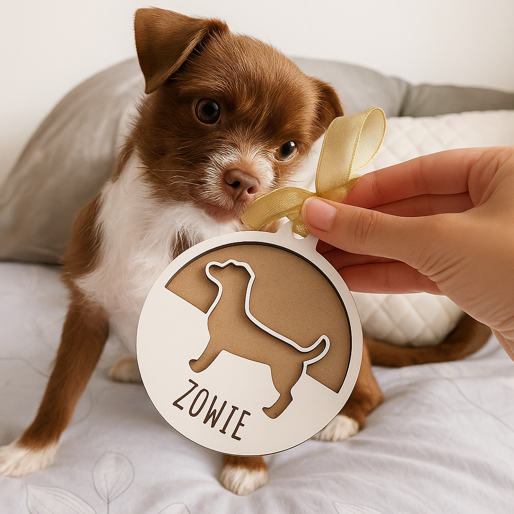 Bola de Navidad Personalizada con Diseño para Perros de Varias Razas Hecha en Madera Ecológica con Cinta,Adorno Navideño Sostenible