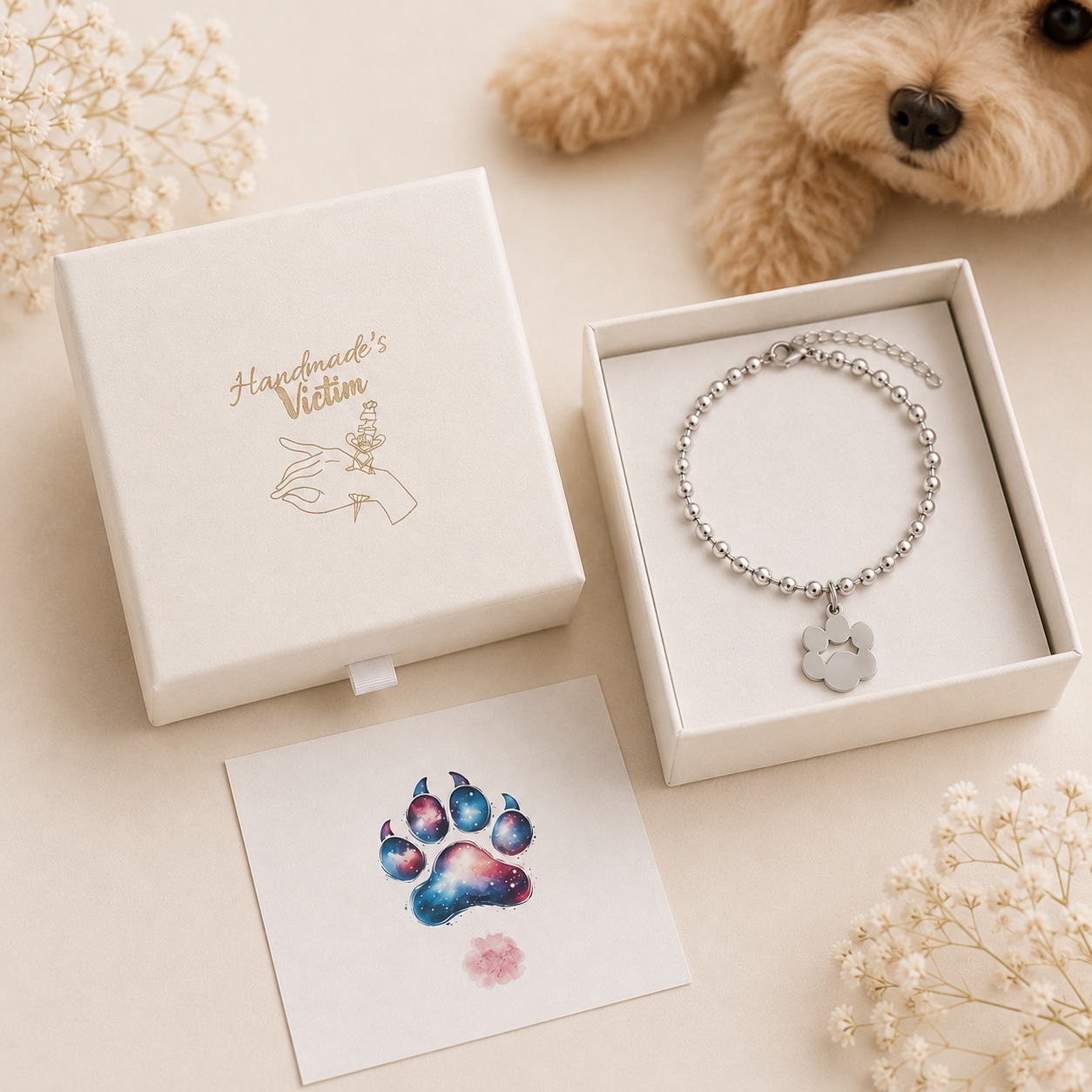 PULSERA DE ACERO INOXIDABLE CON HUELLA DE MASCOTA PERSONALIZADA DE BOLAS DE ACERO