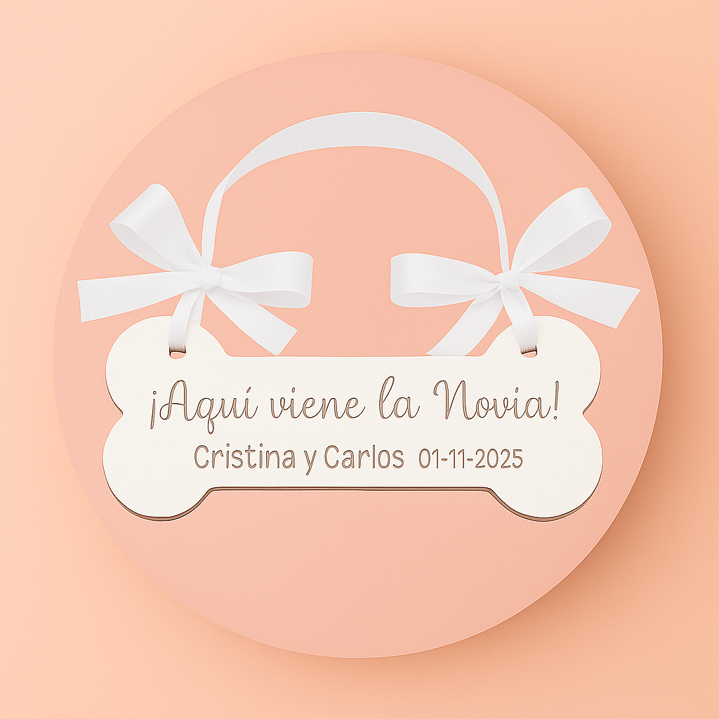 🦴 Cartel de boda “Aquí viene la novia” – Madera personalizada para mascotas