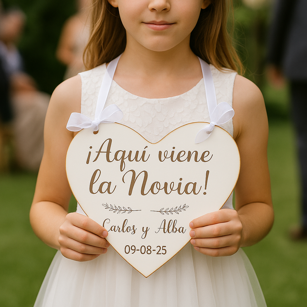 Cartel de boda en forma de corazón “¡Aquí viene la novia!”
