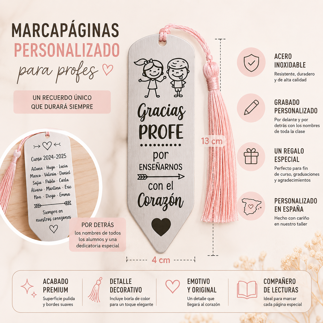 Marcapáginas Personalizado para Profesores – Acero Inoxidable | Regalo Fin de Curso