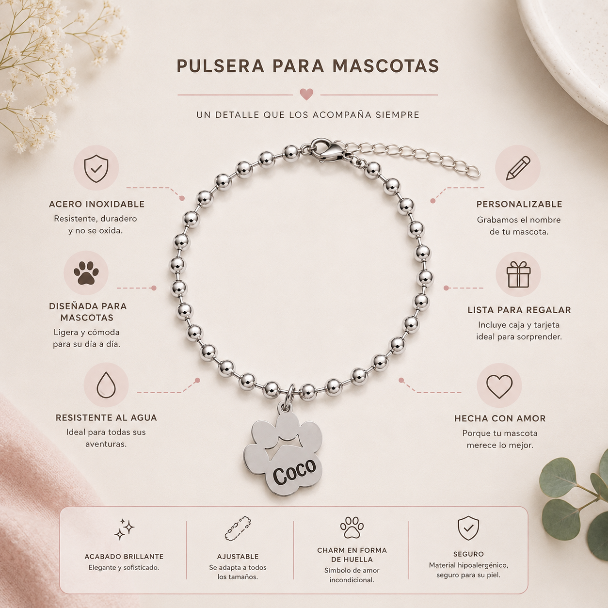 PULSERA DE ACERO INOXIDABLE CON HUELLA DE MASCOTA PERSONALIZADA DE BOLAS DE ACERO