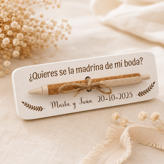 Bolígrafo ecológico personalizado con tarjeta de madera | Regalo para madrina, padrino, testigos y damas de honor