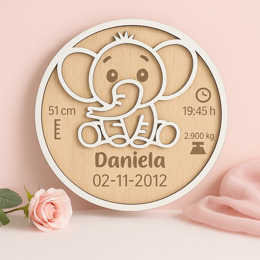 Cuadro de nacimiento personalizado con elefante