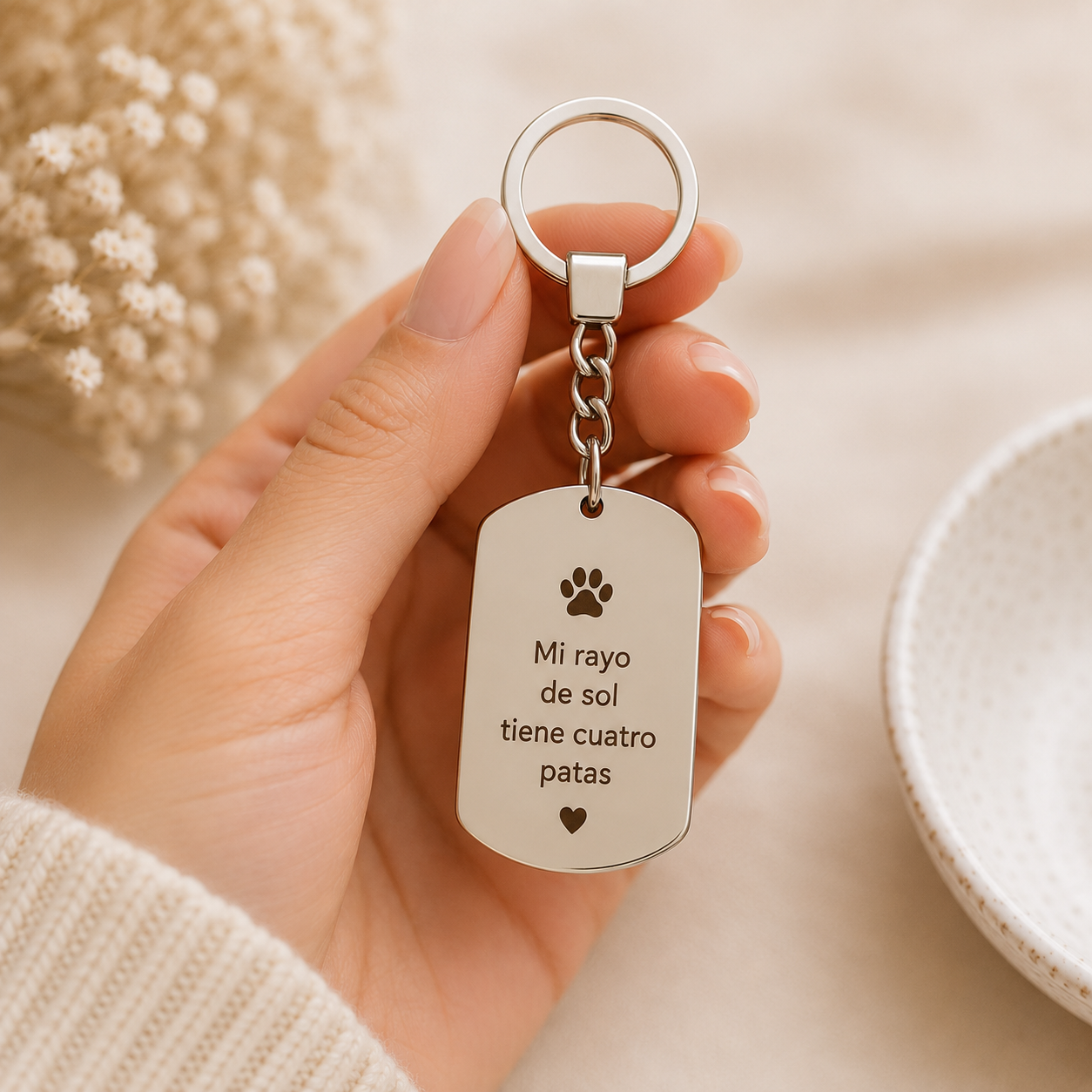 Llavero de acero inoxidable con foto de mascota con huella personalizado con nombre o frase.