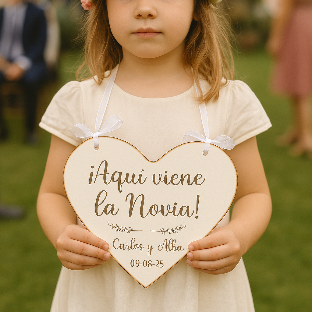 Cartel de boda en forma de corazón “¡Aquí viene la novia!”
