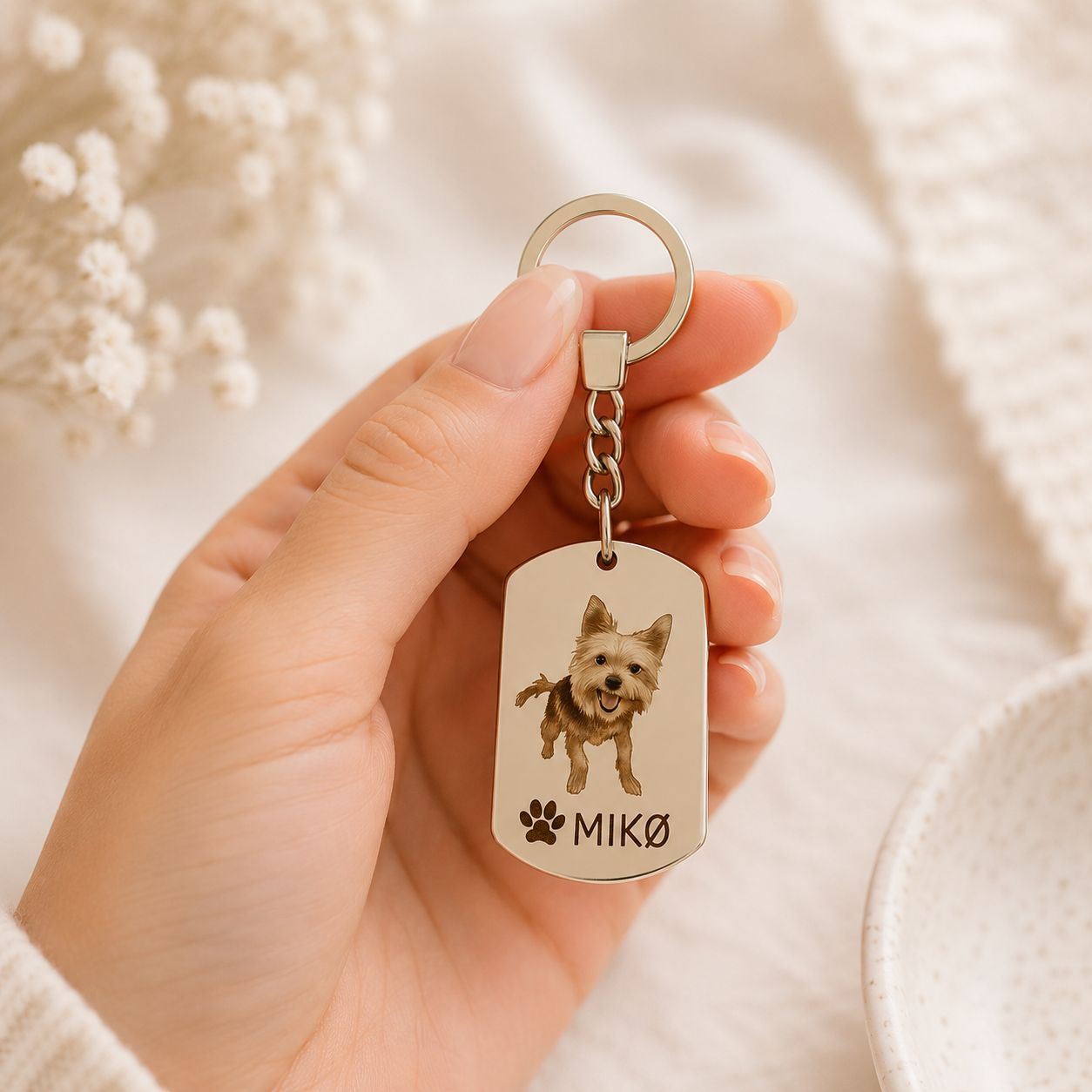 Llavero de acero inoxidable con foto de mascota con huella personalizado con nombre o frase.